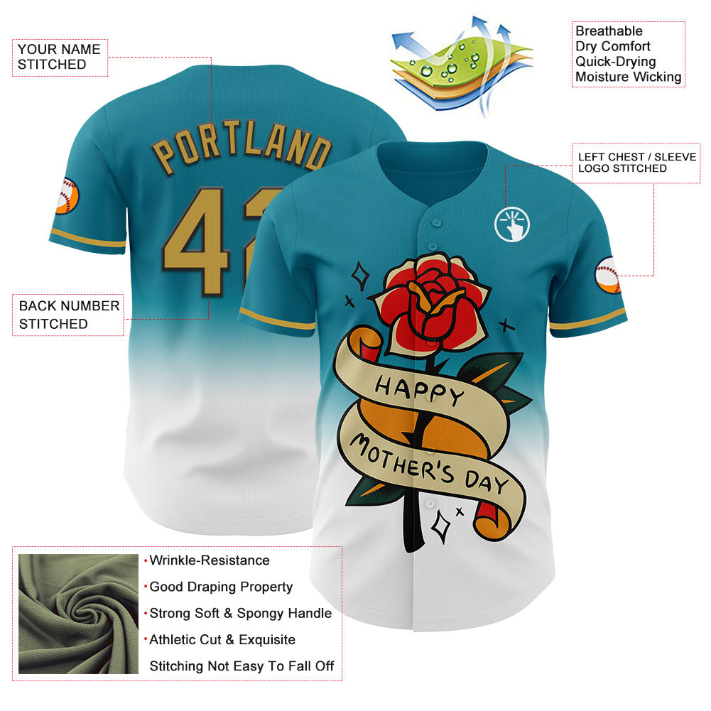 Custom Teal Old Gold-Black 3D Pattern Design Gradient Mother's Day Flower Authentic Baseball Jersey baseball jersey product view 3