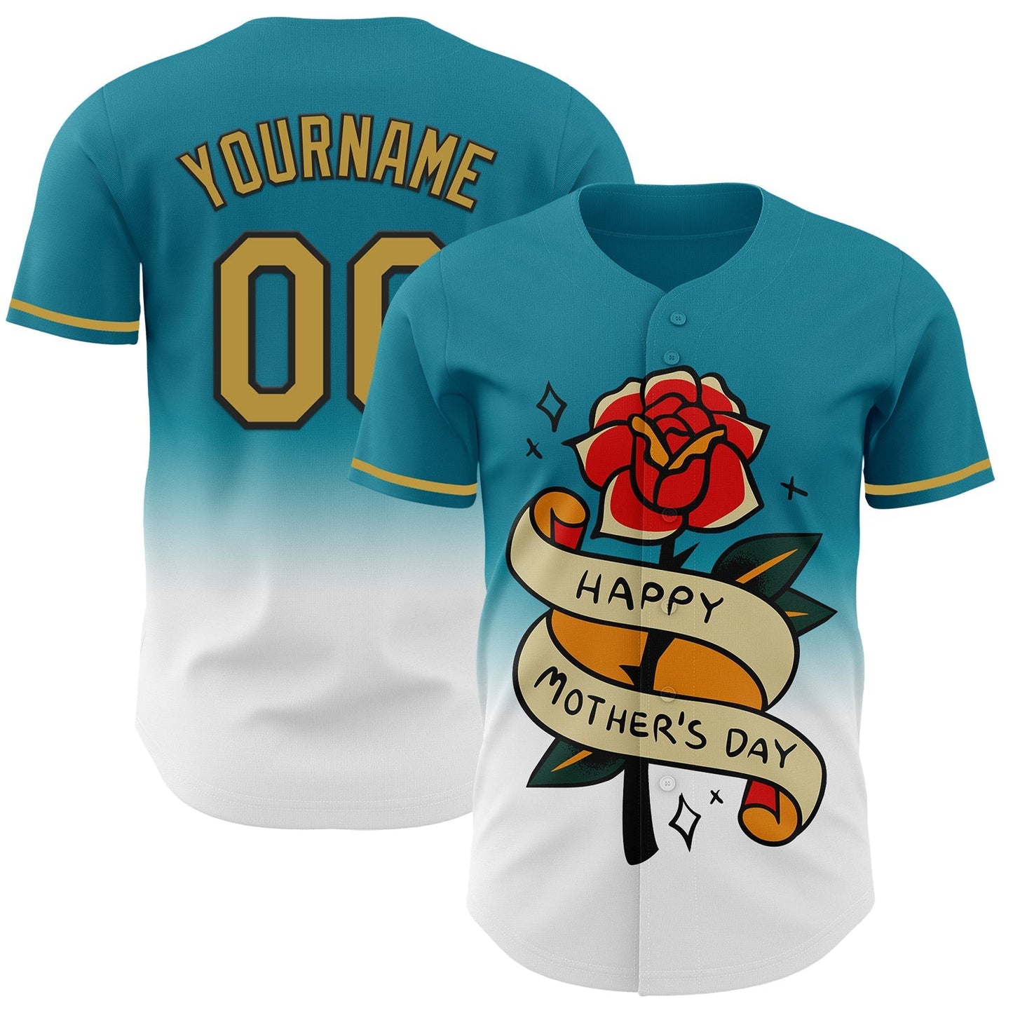 Custom Teal Old Gold-Black 3D Pattern Design Gradient Mother's Day Flower Authentic Baseball Jersey baseball jersey product view 1