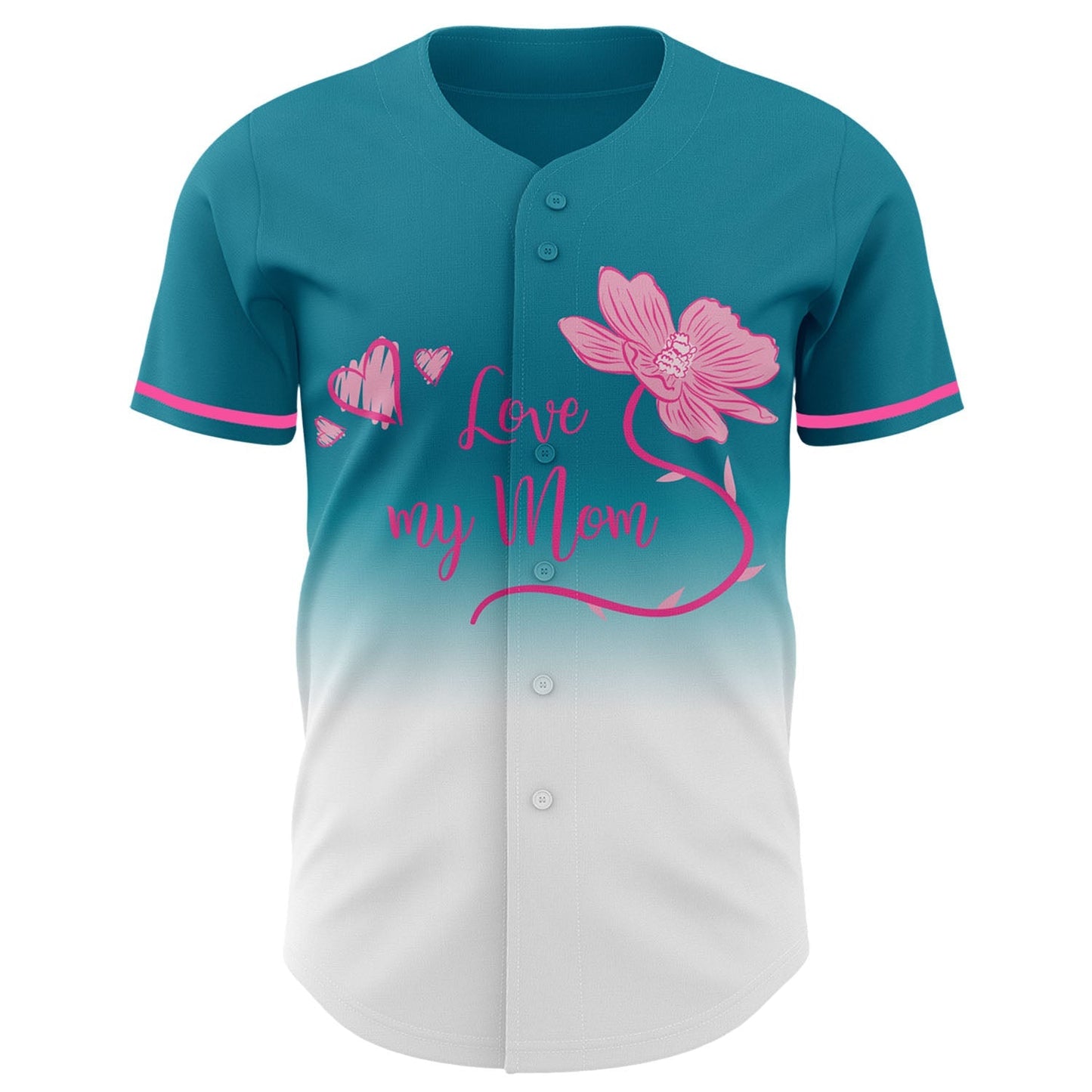 Custom Teal White-Pink 3D Pattern Design Gradient Mother's Day Love And Flower Authentic Baseball Jersey baseball jersey product view 2