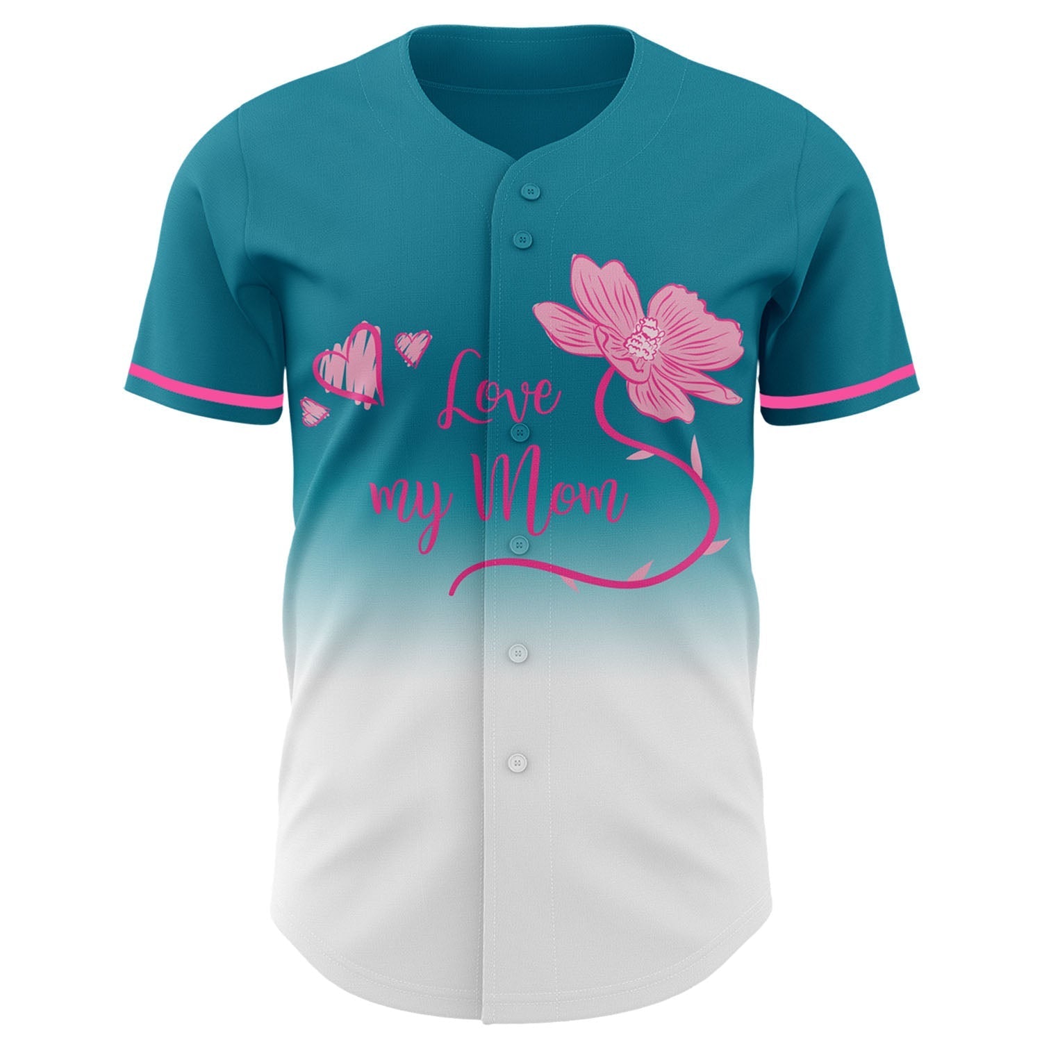 Custom Teal White-Pink 3D Pattern Design Gradient Mother's Day Love And Flower Authentic Baseball Jersey baseball jersey product view 2