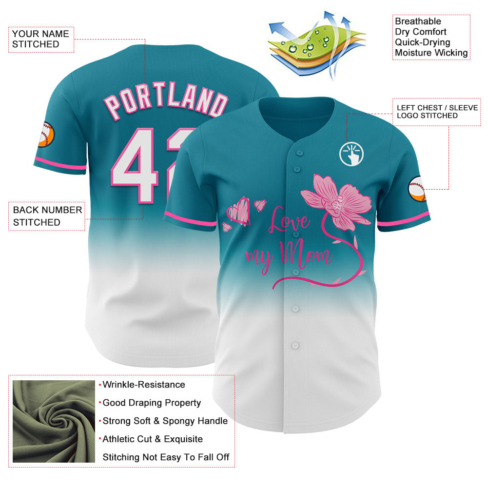 Custom Teal White-Pink 3D Pattern Design Gradient Mother's Day Love And Flower Authentic Baseball Jersey baseball jersey product view 3