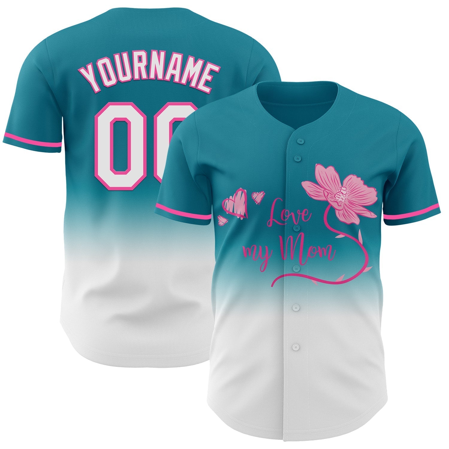 Custom Teal White-Pink 3D Pattern Design Gradient Mother's Day Love And Flower Authentic Baseball Jersey baseball jersey product view 1