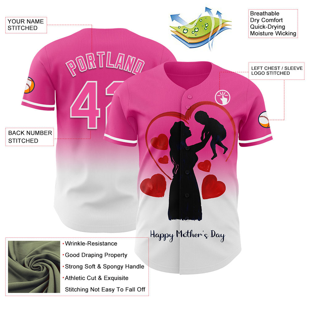 Custom Pink White 3D Pattern Design Gradient Mother's Day Family Love Authentic Baseball Jersey baseball jersey product view 3
