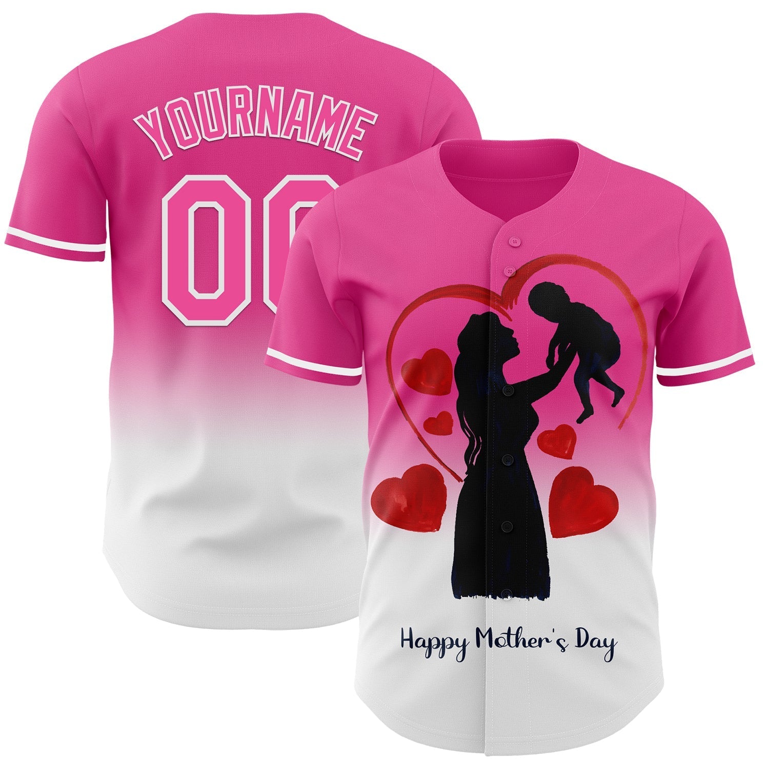 Custom Pink White 3D Pattern Design Gradient Mother's Day Family Love Authentic Baseball Jersey baseball jersey product view 1