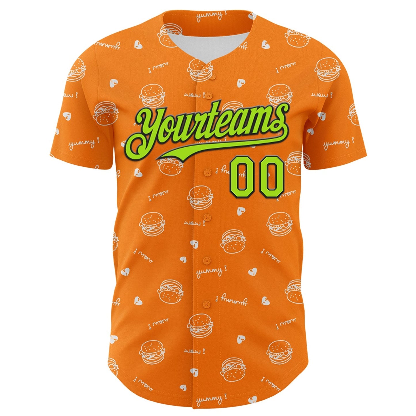 Custom Bay Orange Neon Green-Black 3D Pattern Design Foodie Fast Food Burger Authentic Baseball Jersey baseball jersey product view 2