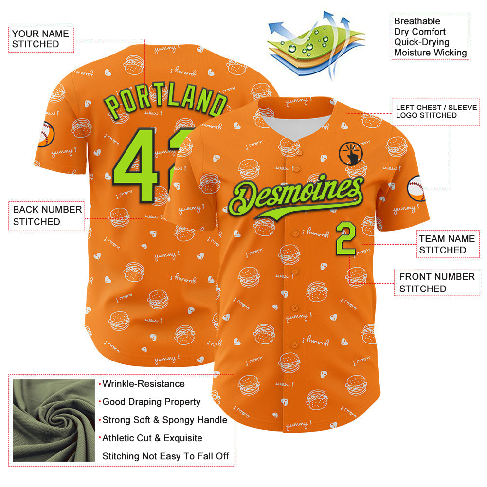 Custom Bay Orange Neon Green-Black 3D Pattern Design Foodie Fast Food Burger Authentic Baseball Jersey baseball jersey product view 3