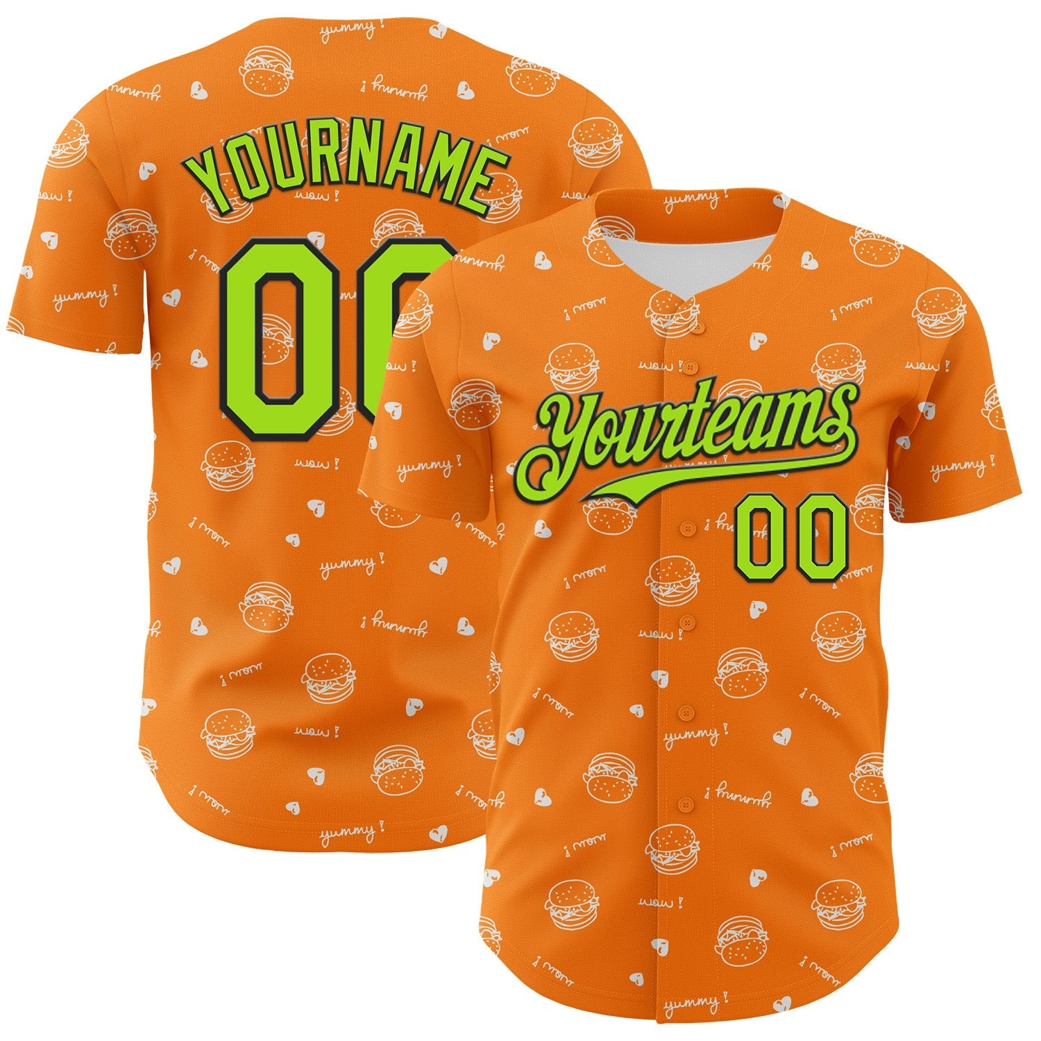 Custom Bay Orange Neon Green-Black 3D Pattern Design Foodie Fast Food Burger Authentic Baseball Jersey baseball jersey product view 1