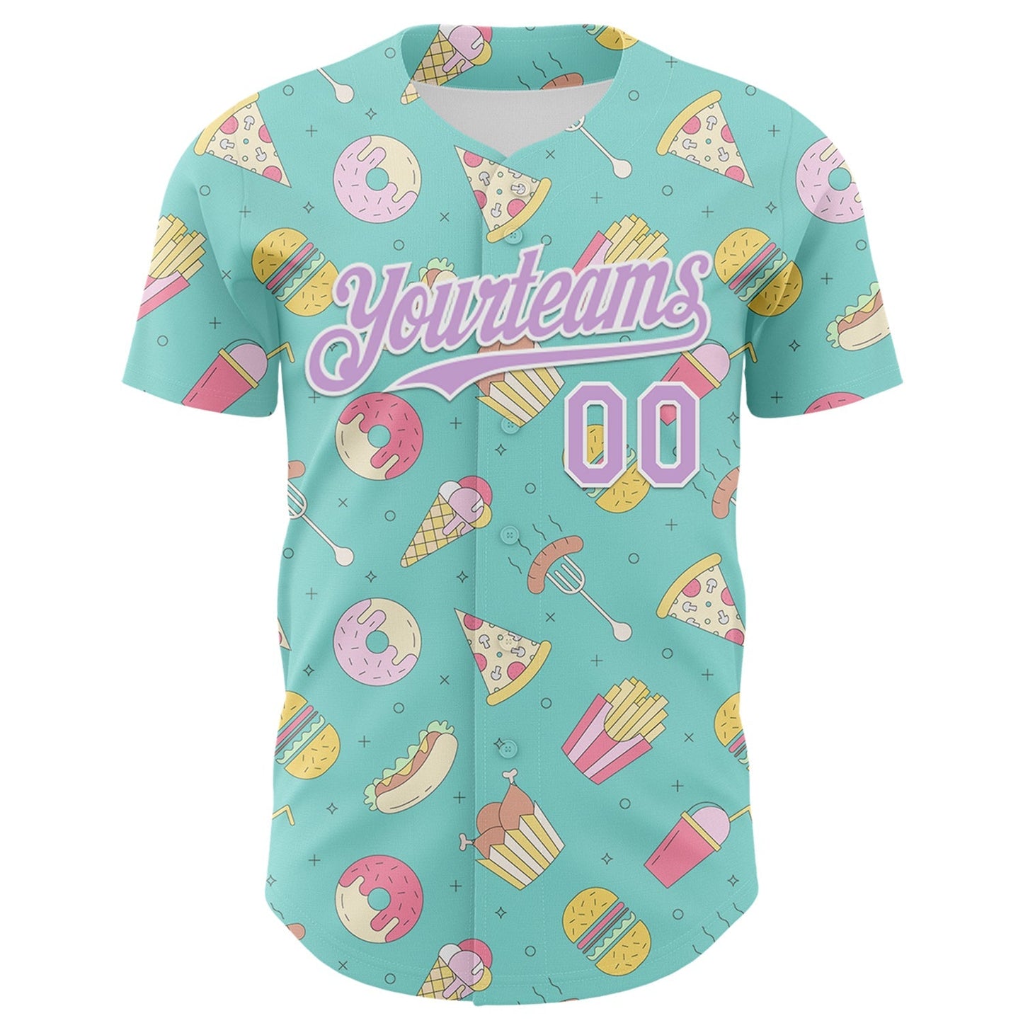 Custom Ice Blue Light Purple-White 3D Pattern Design Foodie Fast Food Burger Fries Pizza Authentic Baseball Jersey baseball jersey product view 2