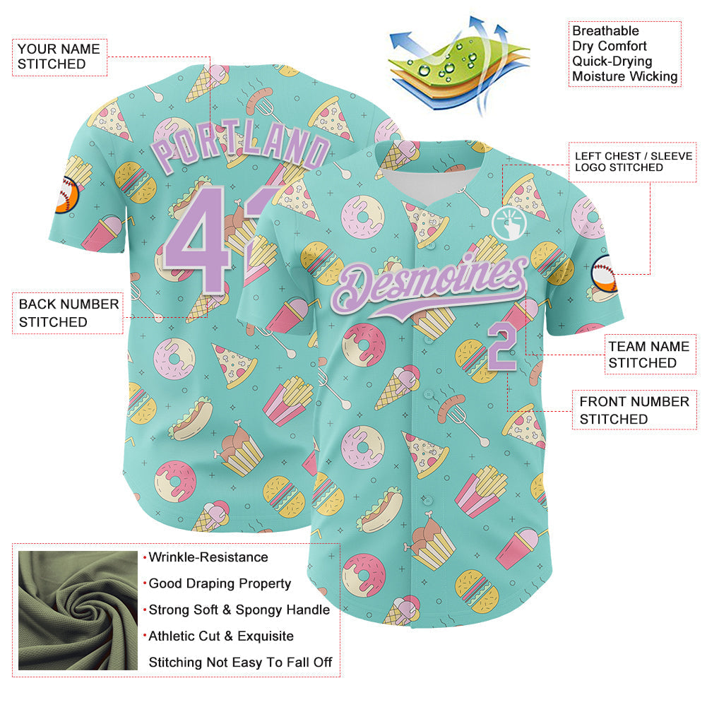 Custom Ice Blue Light Purple-White 3D Pattern Design Foodie Fast Food Burger Fries Pizza Authentic Baseball Jersey baseball jersey product view 3