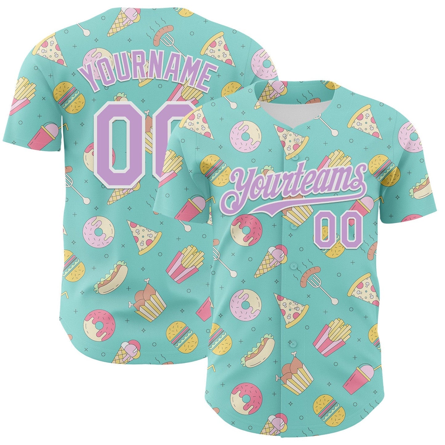 Custom Ice Blue Light Purple-White 3D Pattern Design Foodie Fast Food Burger Fries Pizza Authentic Baseball Jersey baseball jersey product view 1