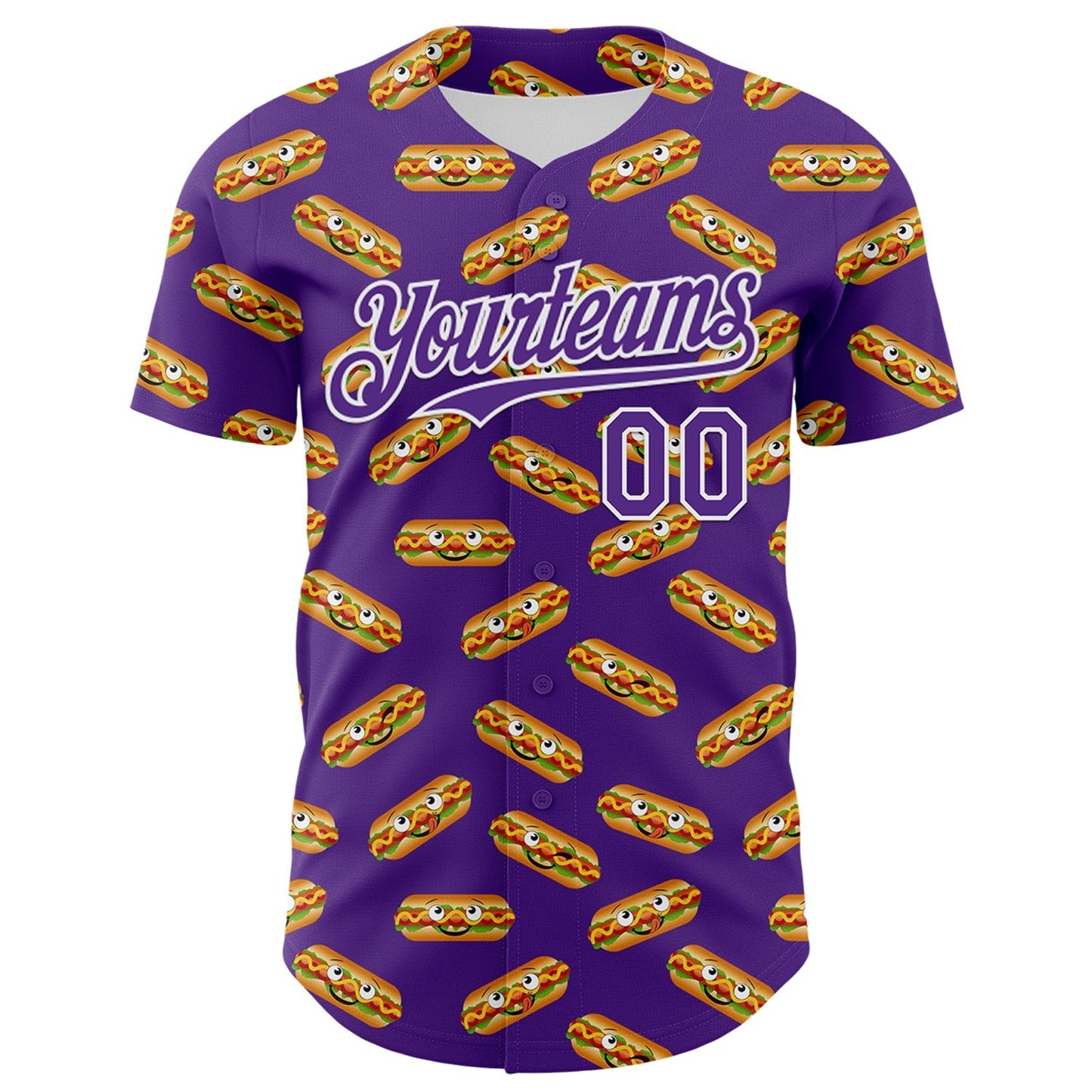 Custom Purple White 3D Pattern Design Foodie Fast Food Hot Dog Authentic Baseball Jersey baseball jersey product view 2