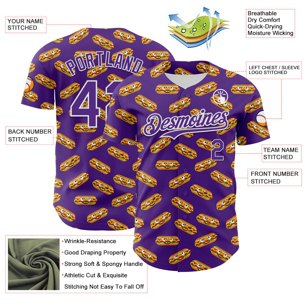 Custom Purple White 3D Pattern Design Foodie Fast Food Hot Dog Authentic Baseball Jersey baseball jersey product view 3