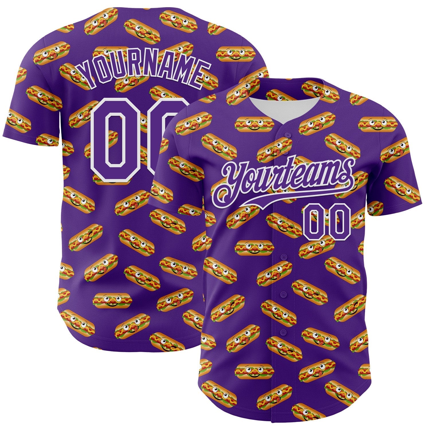 Custom Purple White 3D Pattern Design Foodie Fast Food Hot Dog Authentic Baseball Jersey baseball jersey product view 1