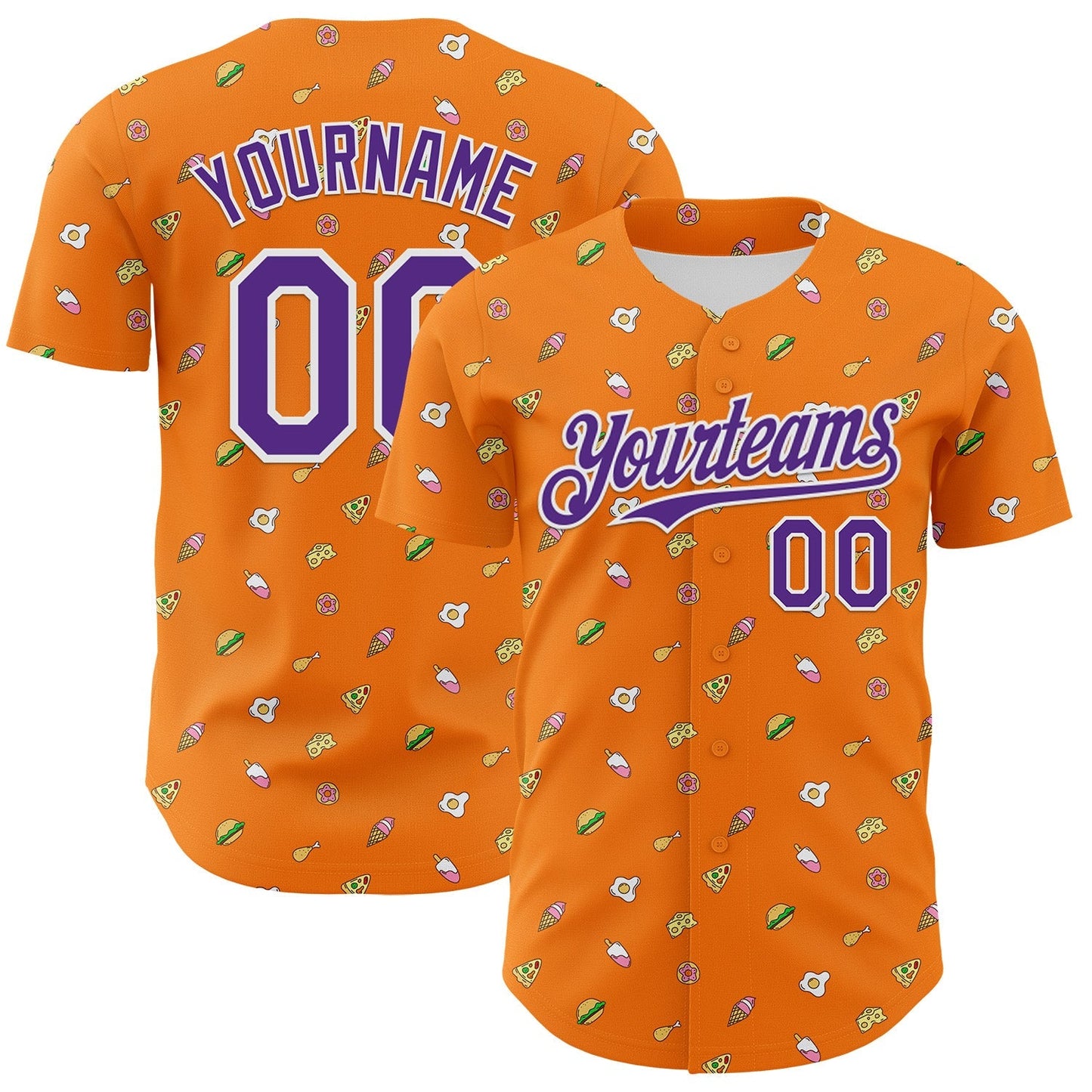 Custom Bay Orange Purple-White 3D Pattern Design Foodie Fast Food Cheese Pizza Dessert Ice Cream Authentic Baseball Jersey baseball jersey product view 1