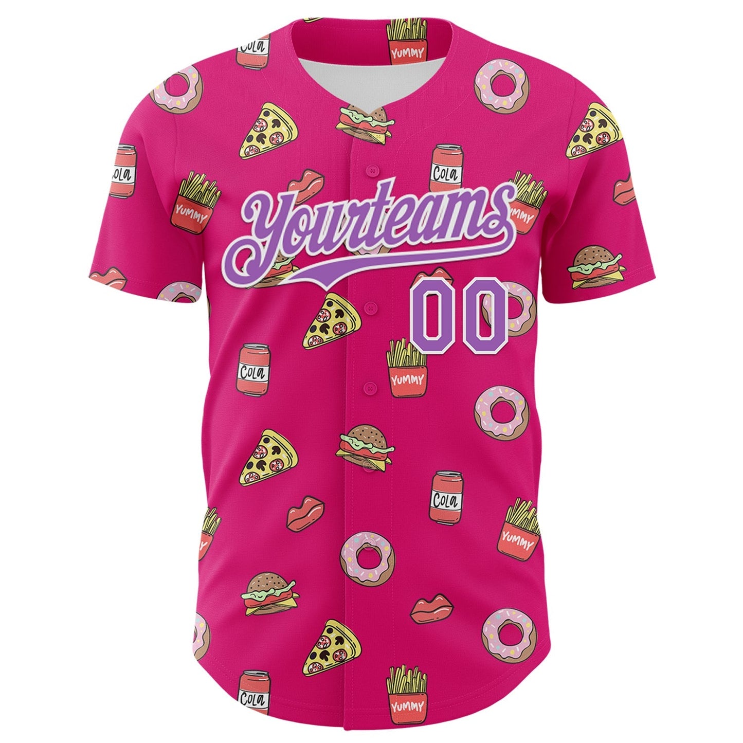 Custom Hot Pink Medium Purple-White 3D Pattern Design Foodie Fast Food Pizza Donut Cola Authentic Baseball Jersey baseball jersey product view 2