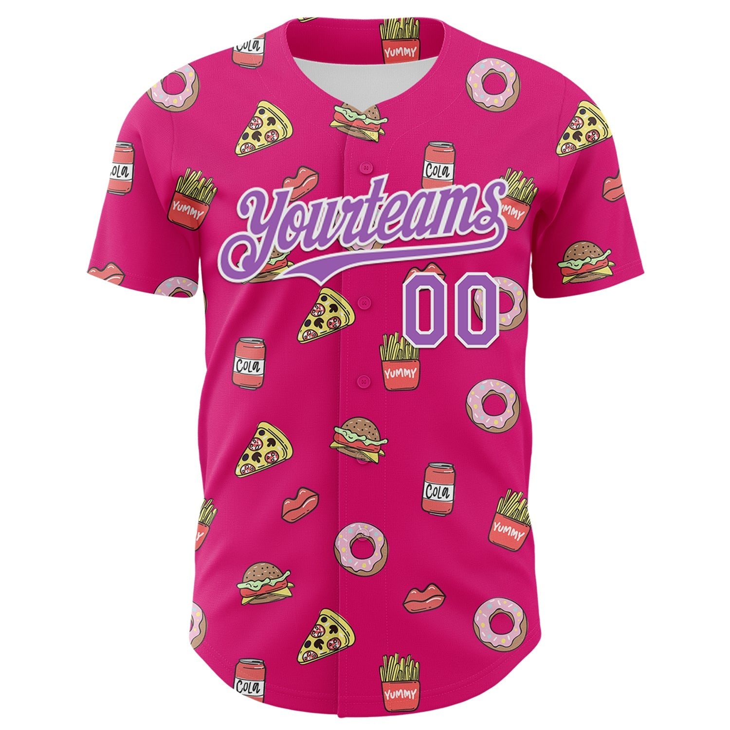 Custom Hot Pink Medium Purple-White 3D Pattern Design Foodie Fast Food Pizza Donut Cola Authentic Baseball Jersey baseball jersey product view 2