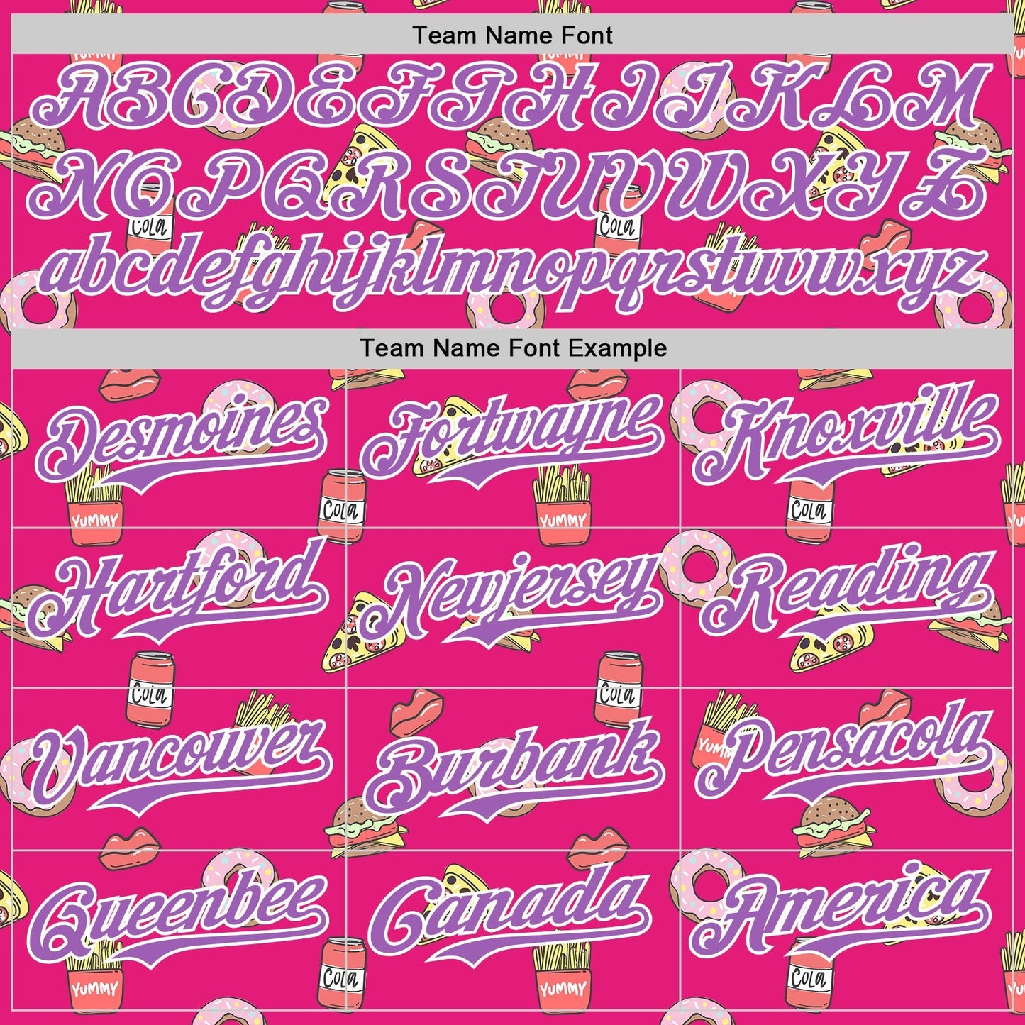 Custom Hot Pink Medium Purple-White 3D Pattern Design Foodie Fast Food Pizza Donut Cola Authentic Baseball Jersey baseball jersey product view 4