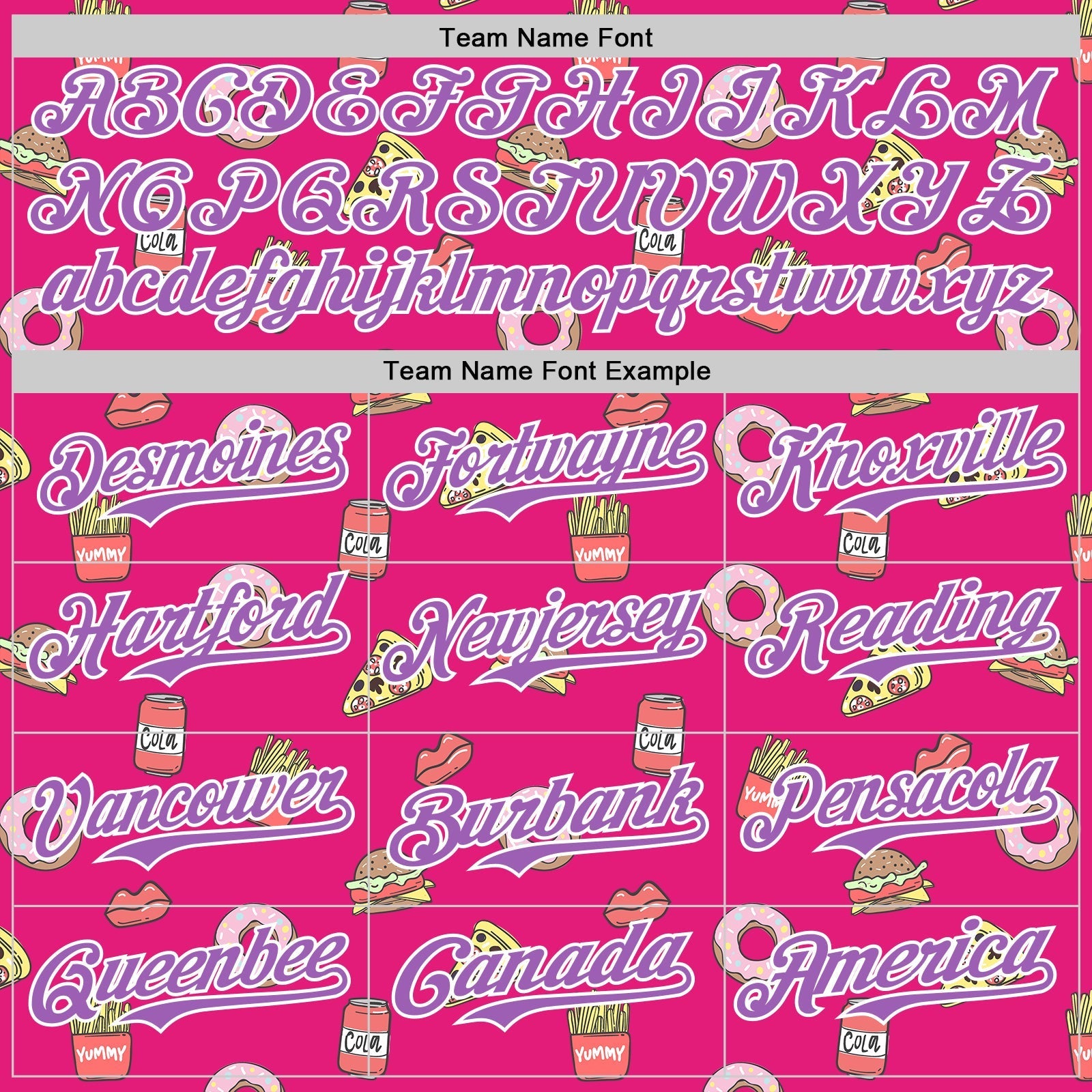 Custom Hot Pink Medium Purple-White 3D Pattern Design Foodie Fast Food Pizza Donut Cola Authentic Baseball Jersey baseball jersey product view 4