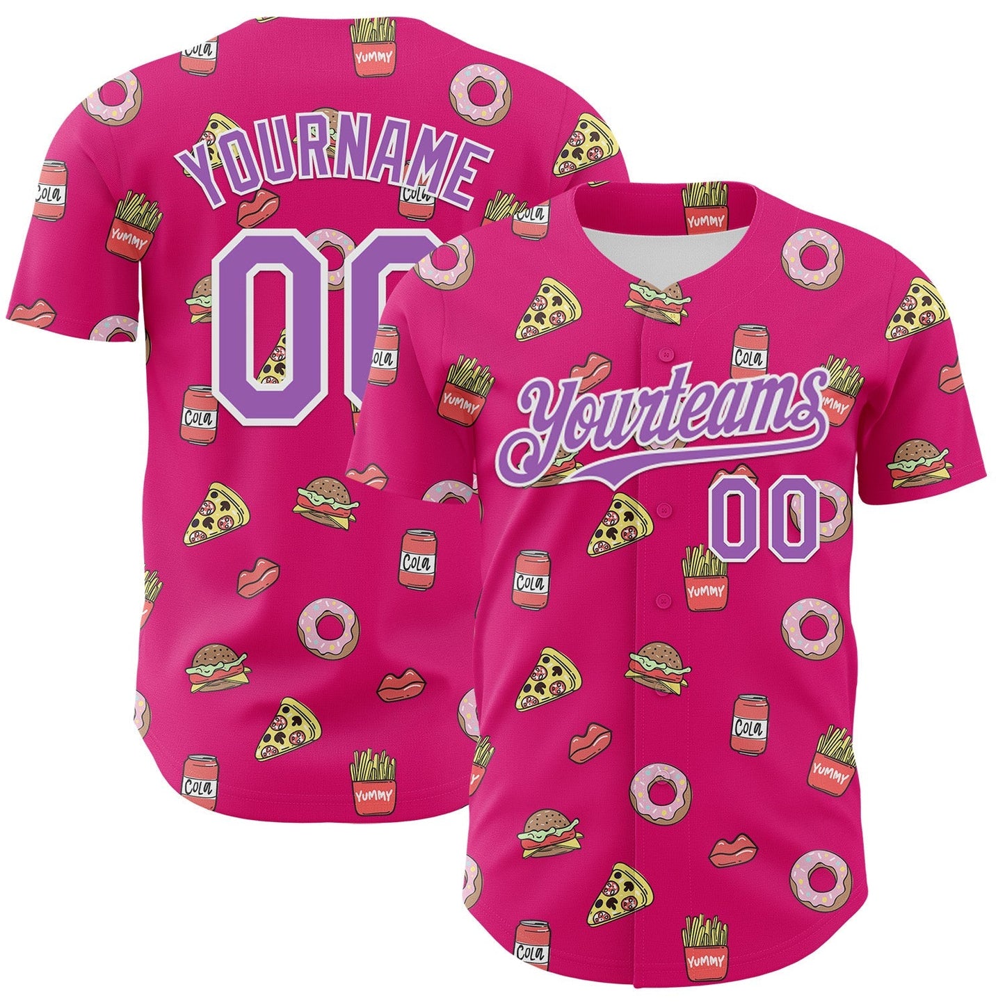 Custom Hot Pink Medium Purple-White 3D Pattern Design Foodie Fast Food Pizza Donut Cola Authentic Baseball Jersey baseball jersey product view 1