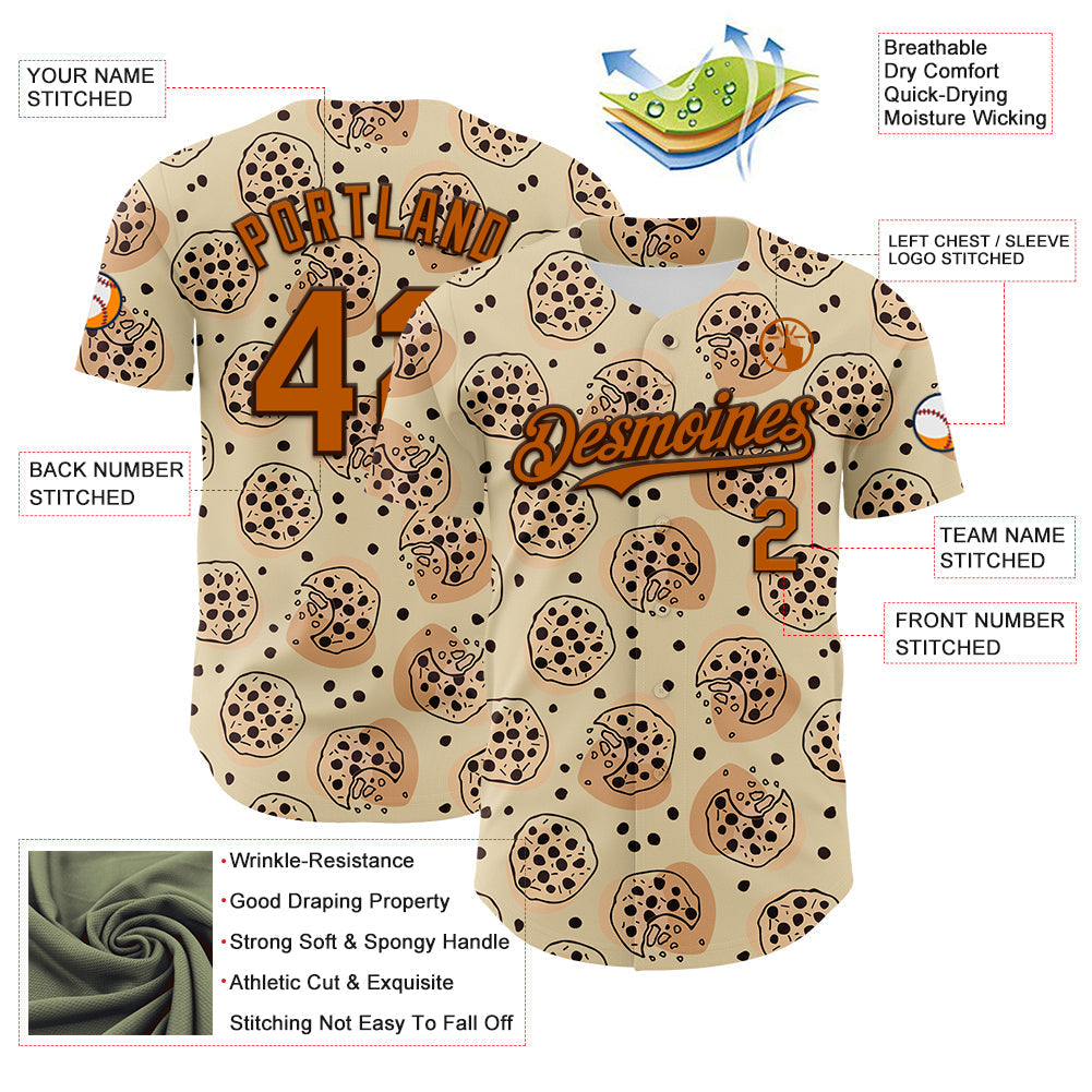 Custom Cream Texas Orange-Brown 3D Pattern Design Foodie Food Snack Chocolate Cookie Authentic Baseball Jersey baseball jersey product view 3
