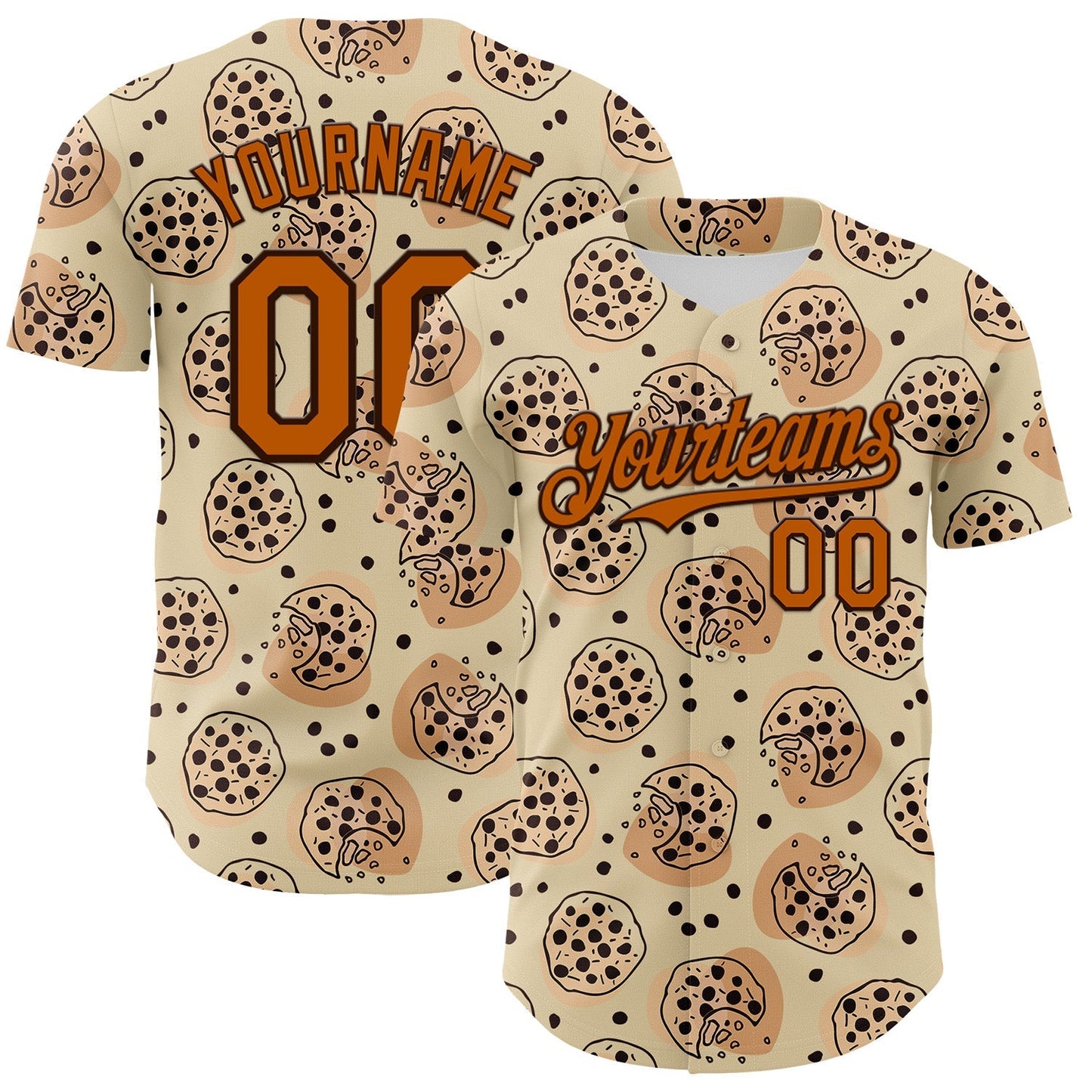 Custom Cream Texas Orange-Brown 3D Pattern Design Foodie Food Snack Chocolate Cookie Authentic Baseball Jersey baseball jersey product view 1