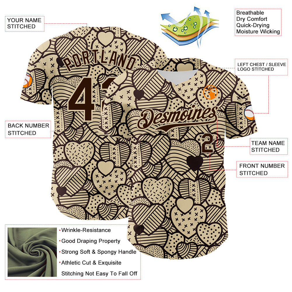 Custom Cream Brown 3D Pattern Design Foodie Food Snack Heart Chocolate Authentic Baseball Jersey baseball jersey product view 3