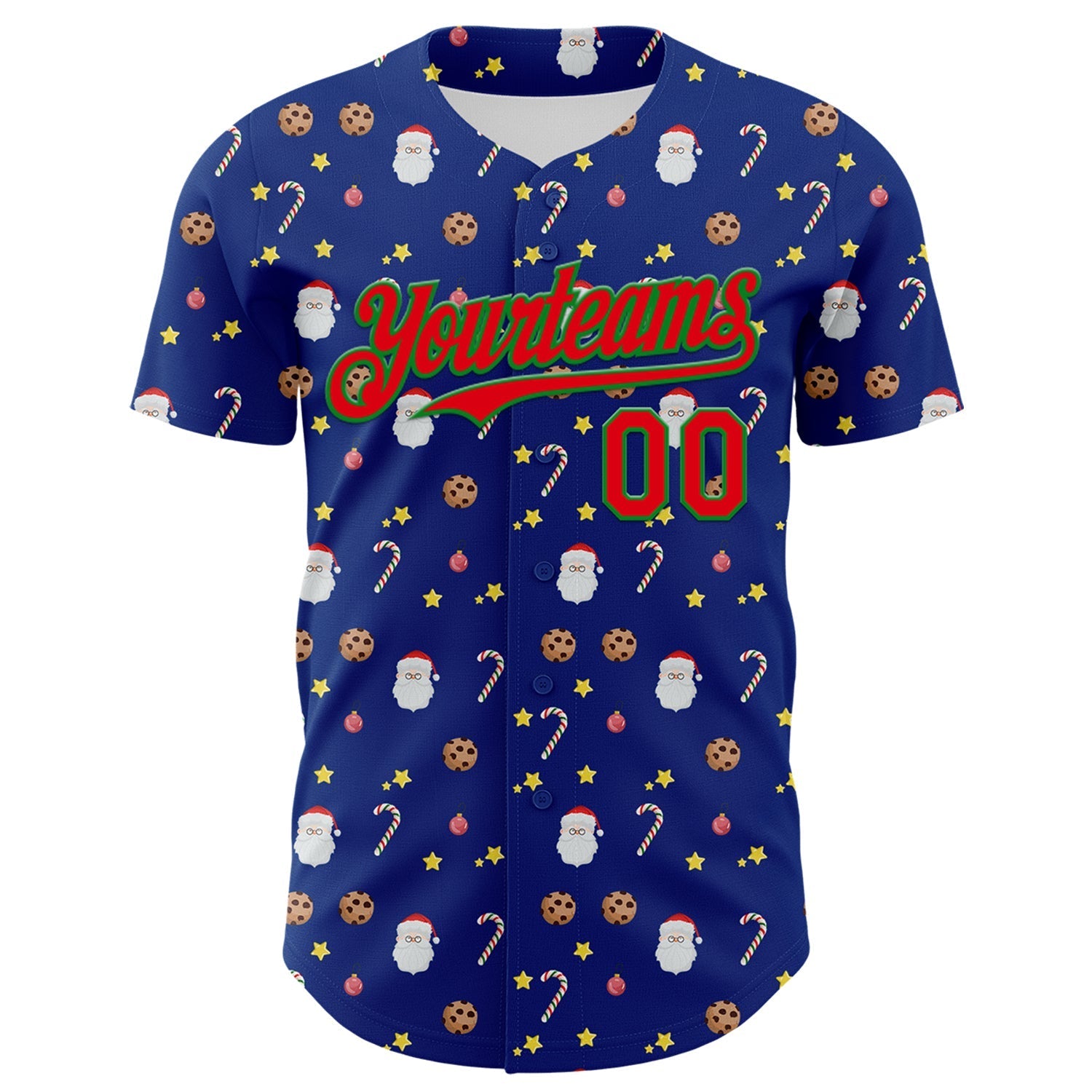 Custom Royal Fire Red-Grass Green 3D Pattern Design Christmas Foodie Food Snack Chocolate Cookie Candy Cane Authentic Baseball Jersey baseball jersey product view 2