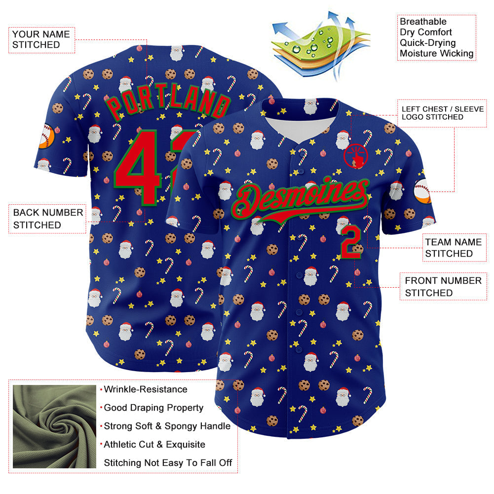 Custom Royal Fire Red-Grass Green 3D Pattern Design Christmas Foodie Food Snack Chocolate Cookie Candy Cane Authentic Baseball Jersey baseball jersey product view 3