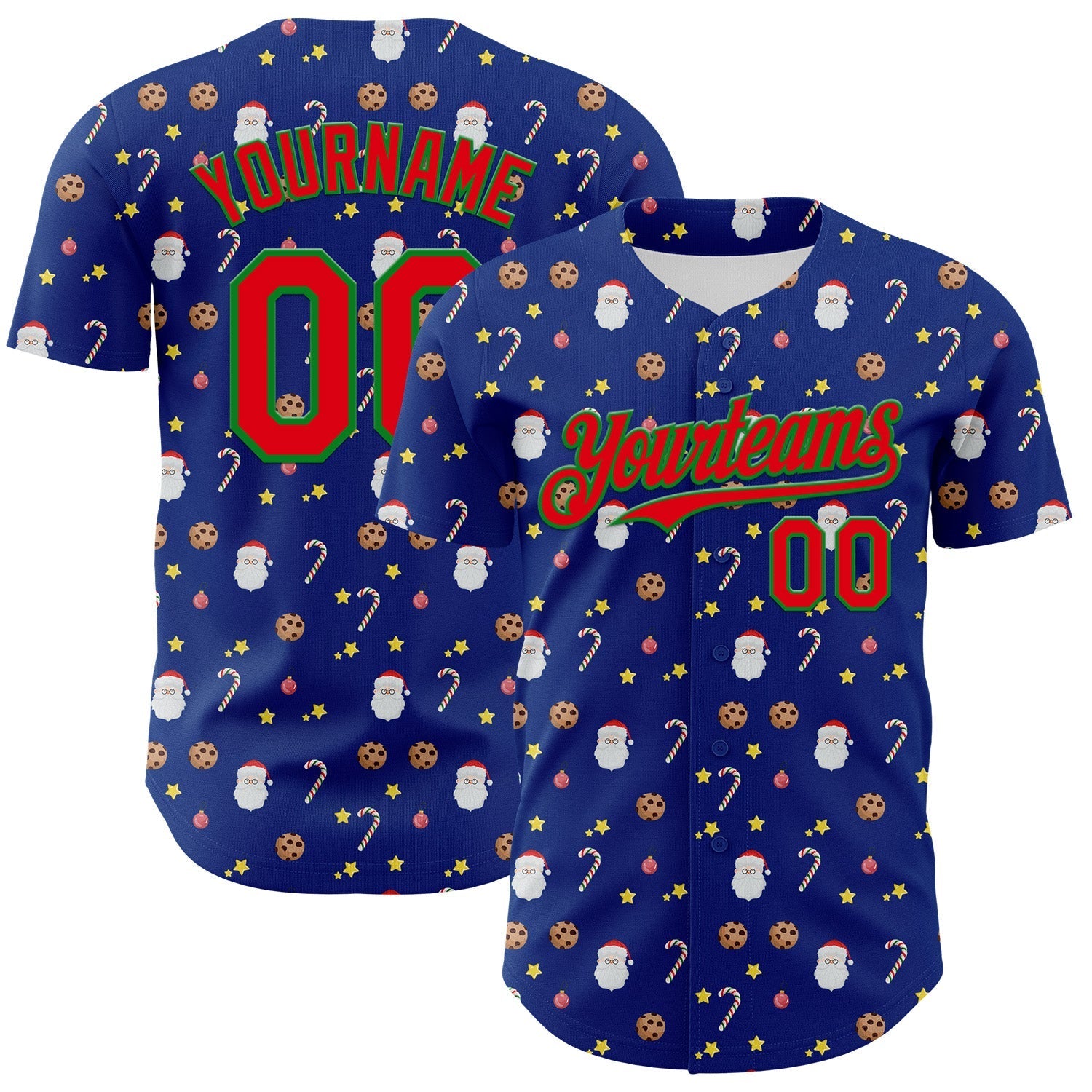 Custom Royal Fire Red-Grass Green 3D Pattern Design Christmas Foodie Food Snack Chocolate Cookie Candy Cane Authentic Baseball Jersey baseball jersey product view 1