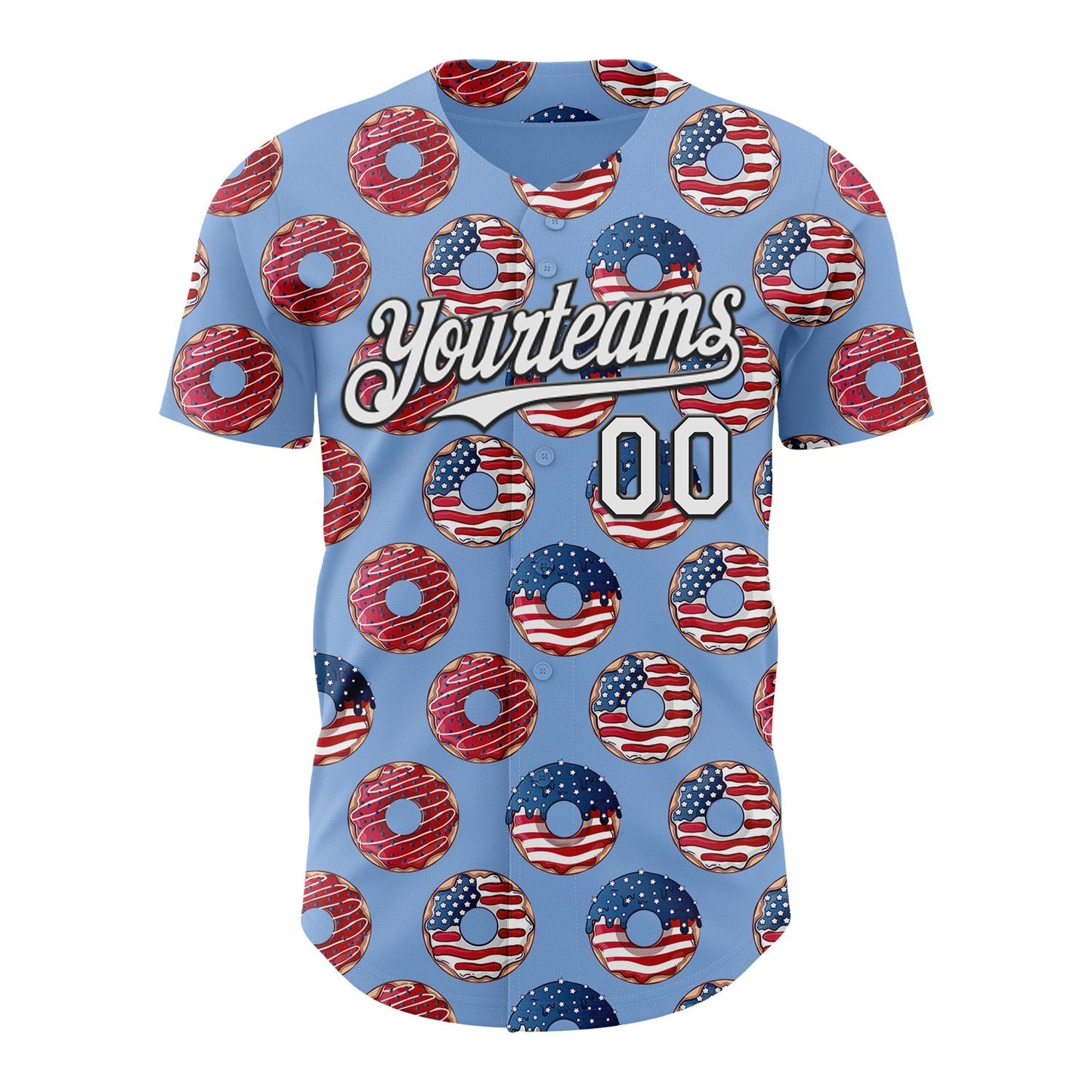 Custom Light Blue White-Black 3D Pattern Design USA Flag Foodie Food Dessert Donut Authentic Baseball Jersey baseball jersey product view 2