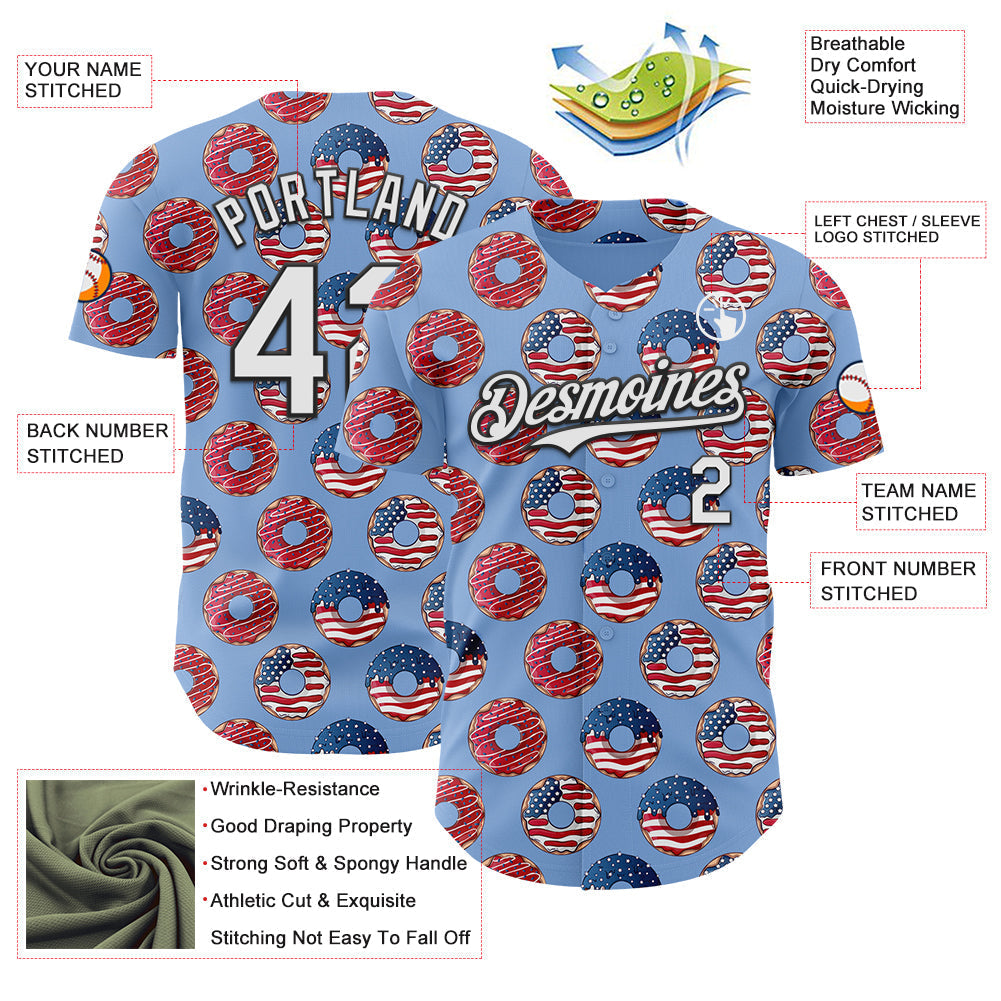 Custom Light Blue White-Black 3D Pattern Design USA Flag Foodie Food Dessert Donut Authentic Baseball Jersey baseball jersey product view 3