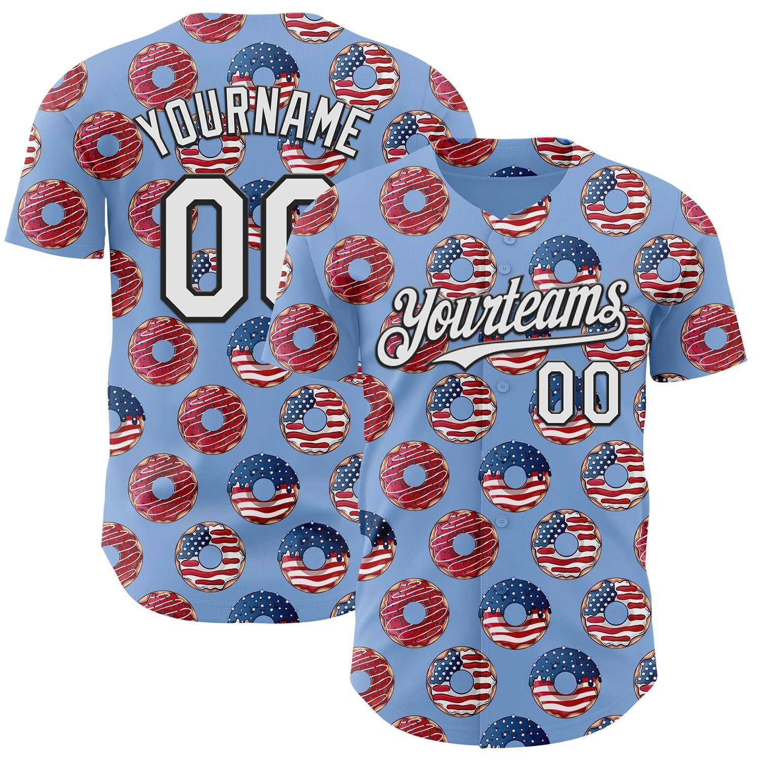 Custom Light Blue White-Black 3D Pattern Design USA Flag Foodie Food Dessert Donut Authentic Baseball Jersey baseball jersey product view 1