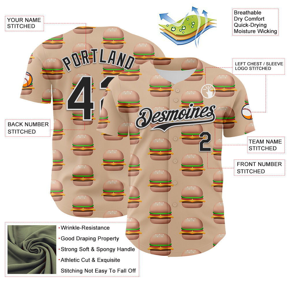 Custom Vegas Gold Black-White 3D Pattern Design Foodie Fast Food Burger Authentic Baseball Jersey baseball jersey product view 3