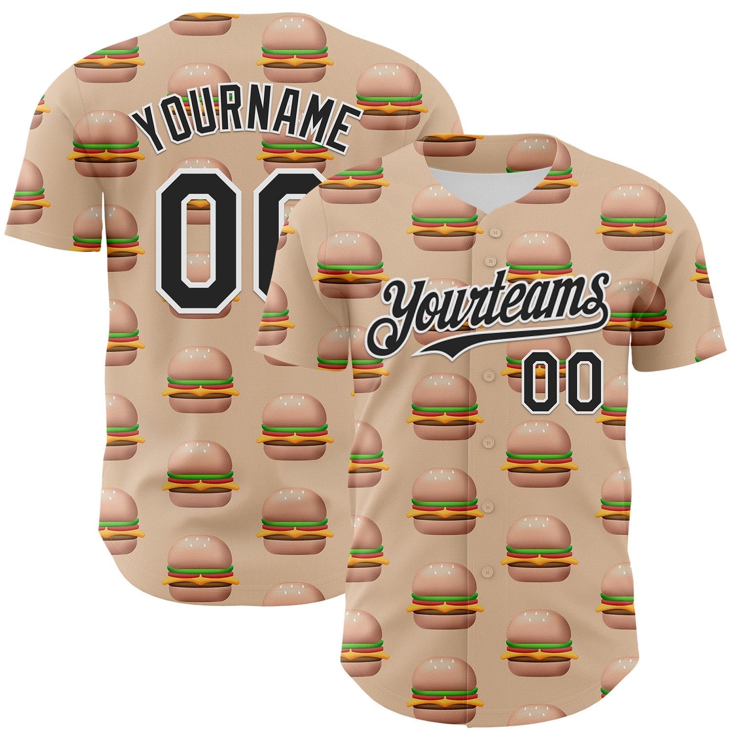 Custom Vegas Gold Black-White 3D Pattern Design Foodie Fast Food Burger Authentic Baseball Jersey baseball jersey product view 1