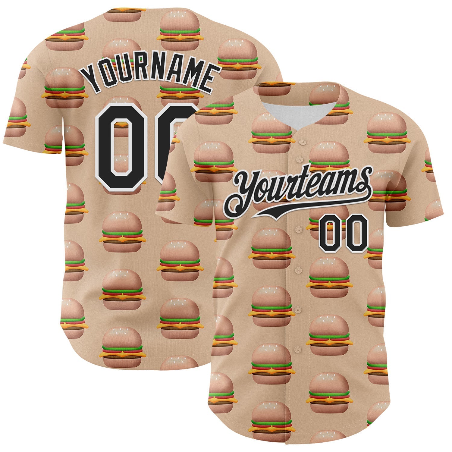 Custom Vegas Gold Black-White 3D Pattern Design Foodie Fast Food Burger Authentic Baseball Jersey baseball jersey product view 1