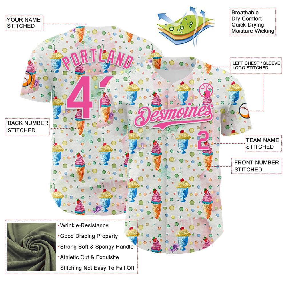 Custom White Pink 3D Pattern Design Foodie Food Dessert Ice Cream Authentic Baseball Jersey baseball jersey product view 3