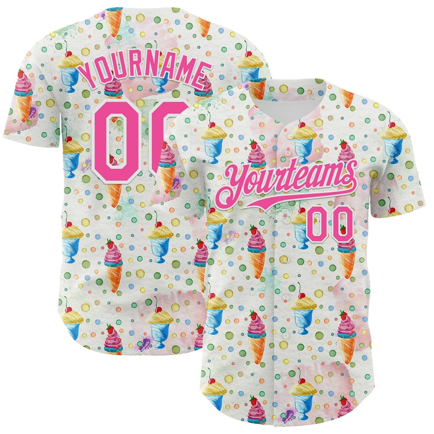 Custom White Pink 3D Pattern Design Foodie Food Dessert Ice Cream Authentic Baseball Jersey baseball jersey product view 1