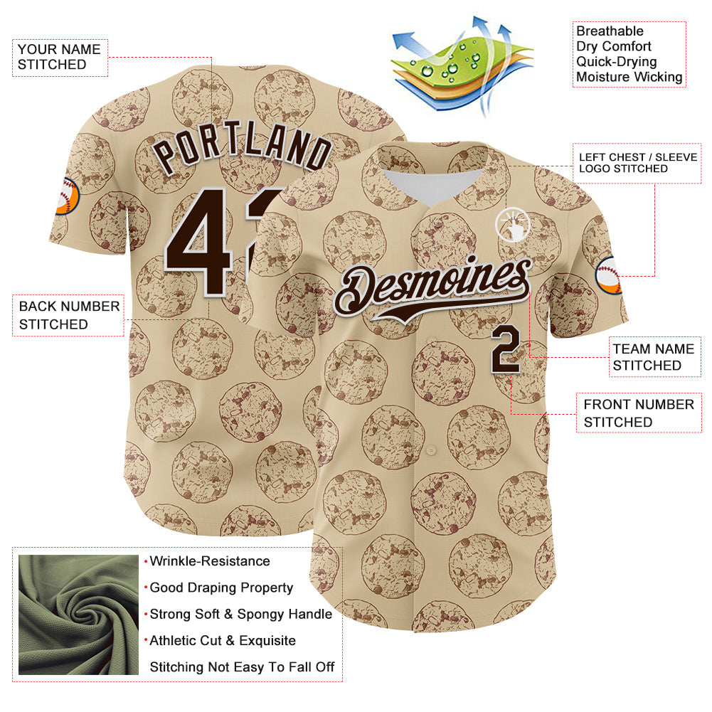Custom City Cream Brown-White 3D Pattern Design Foodie Food Snack Chocolate Cookie Authentic Baseball Jersey baseball jersey product view 3