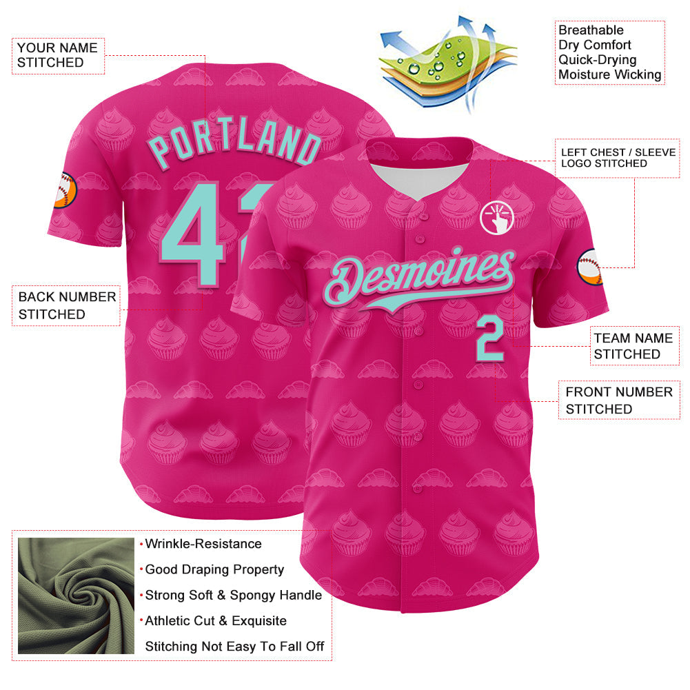 Custom Hot Pink Ice Blue-Pink 3D Pattern Design Foodie Food Dessert Cake Authentic Baseball Jersey baseball jersey product view 3