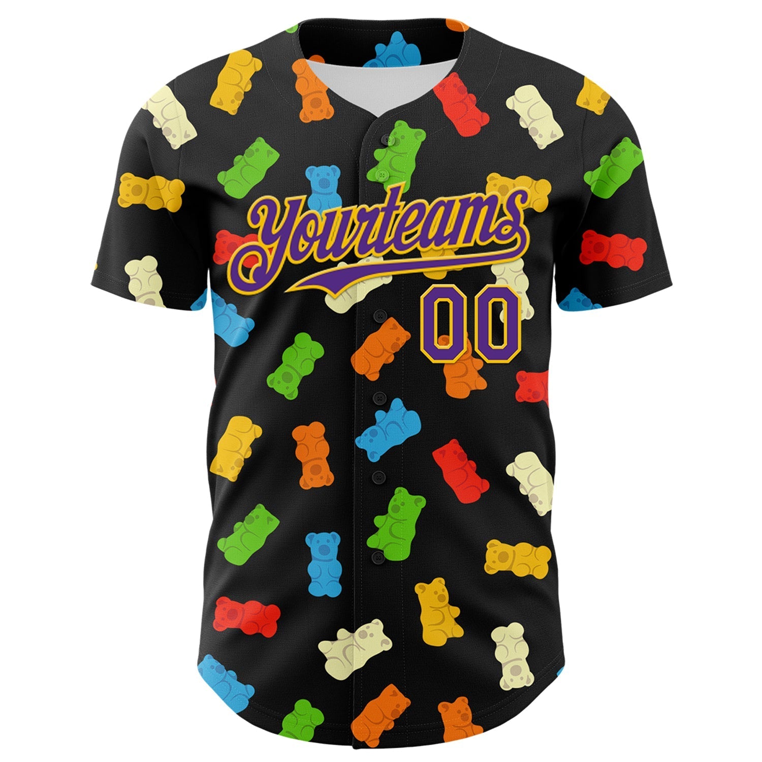 Custom Black Purple-Yellow 3D Pattern Design Foodie Food Snack Gummy Bear Authentic Baseball Jersey baseball jersey product view 2