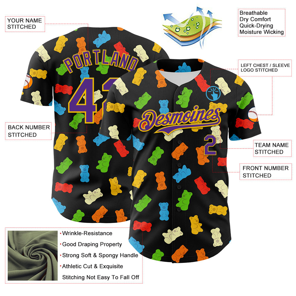 Custom Black Purple-Yellow 3D Pattern Design Foodie Food Snack Gummy Bear Authentic Baseball Jersey baseball jersey product view 3