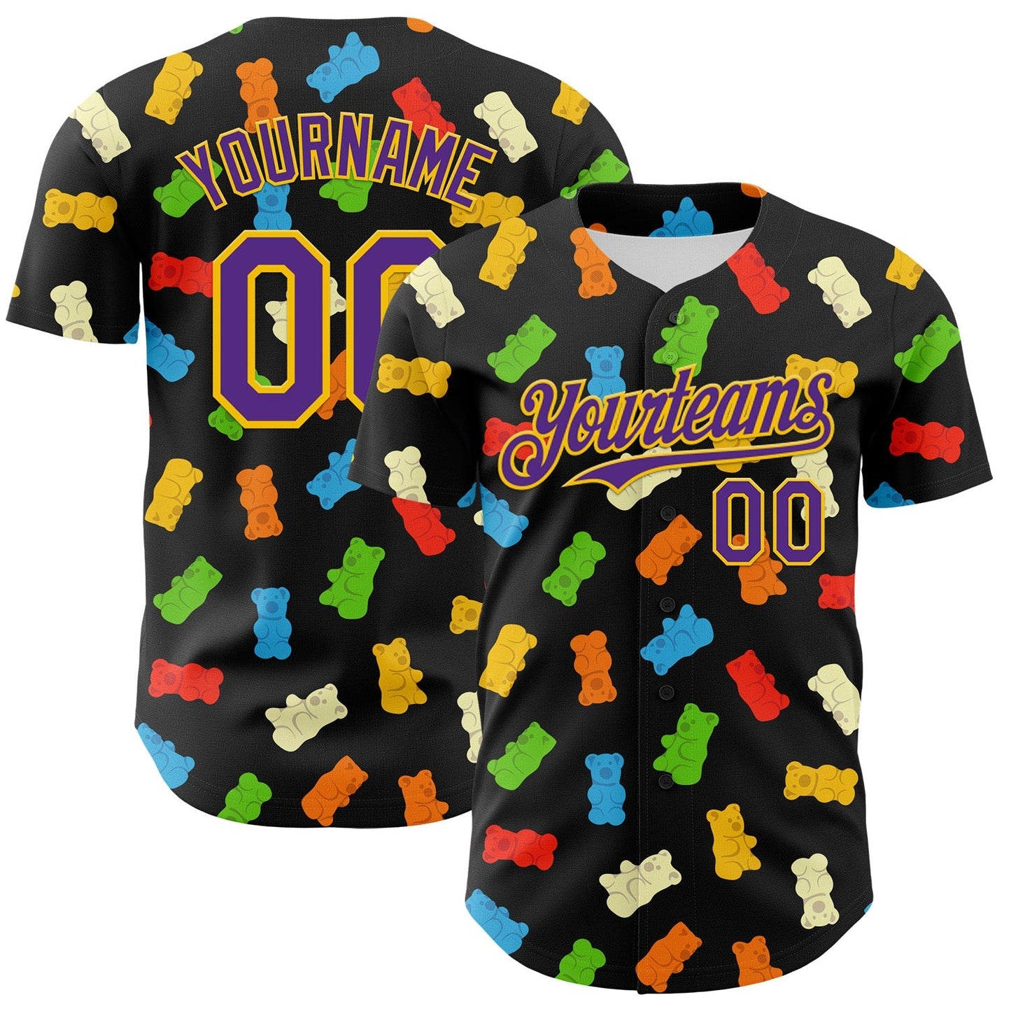 Custom Black Purple-Yellow 3D Pattern Design Foodie Food Snack Gummy Bear Authentic Baseball Jersey baseball jersey product view 1