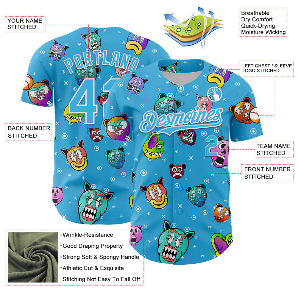 Custom Sky Blue White 3D Pattern Design Funny Cartoon Animal Authentic Baseball Jersey baseball jersey product view 3