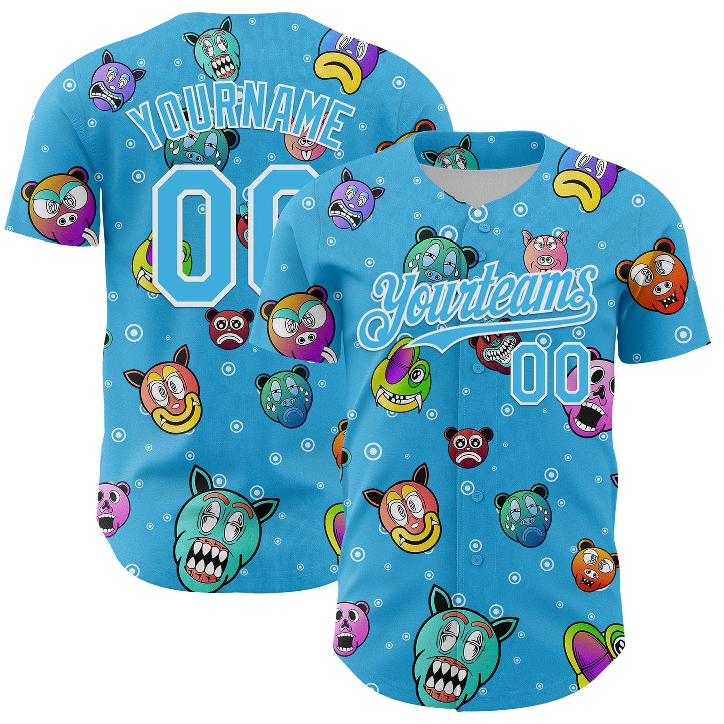Custom Sky Blue White 3D Pattern Design Funny Cartoon Animal Authentic Baseball Jersey baseball jersey product view 1