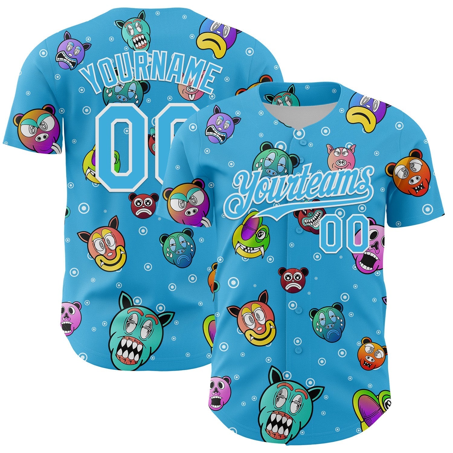 Custom Sky Blue White 3D Pattern Design Funny Cartoon Animal Authentic Baseball Jersey baseball jersey product view 1
