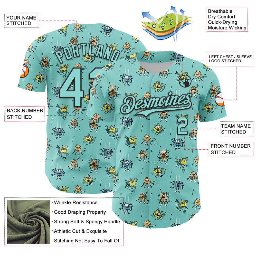 Custom Ice Blue Black 3D Pattern Design Funny Cartoon Monster Authentic Baseball Jersey baseball jersey product view 3