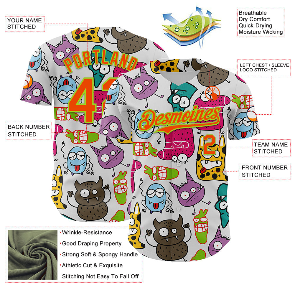 Custom White Orange-Neon Green 3D Pattern Design Funny Cartoon Monster Authentic Baseball Jersey baseball jersey product view 3