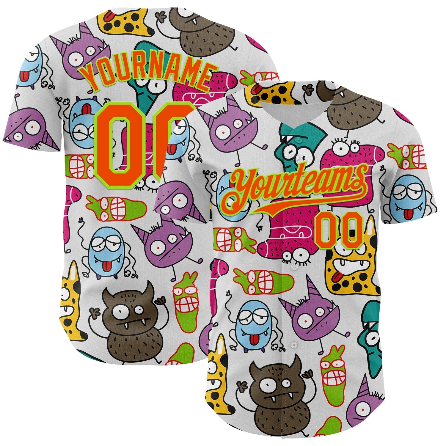 Custom White Orange-Neon Green 3D Pattern Design Funny Cartoon Monster Authentic Baseball Jersey baseball jersey product view 1