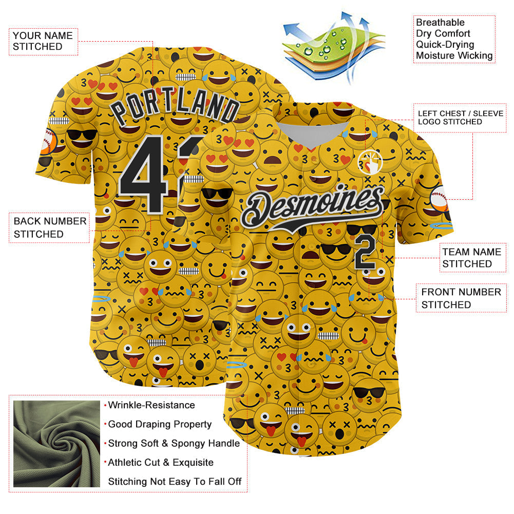 Custom Gold Black-White 3D Pattern Design Funny Cartoon Emoji Face Authentic Baseball Jersey baseball jersey product view 3