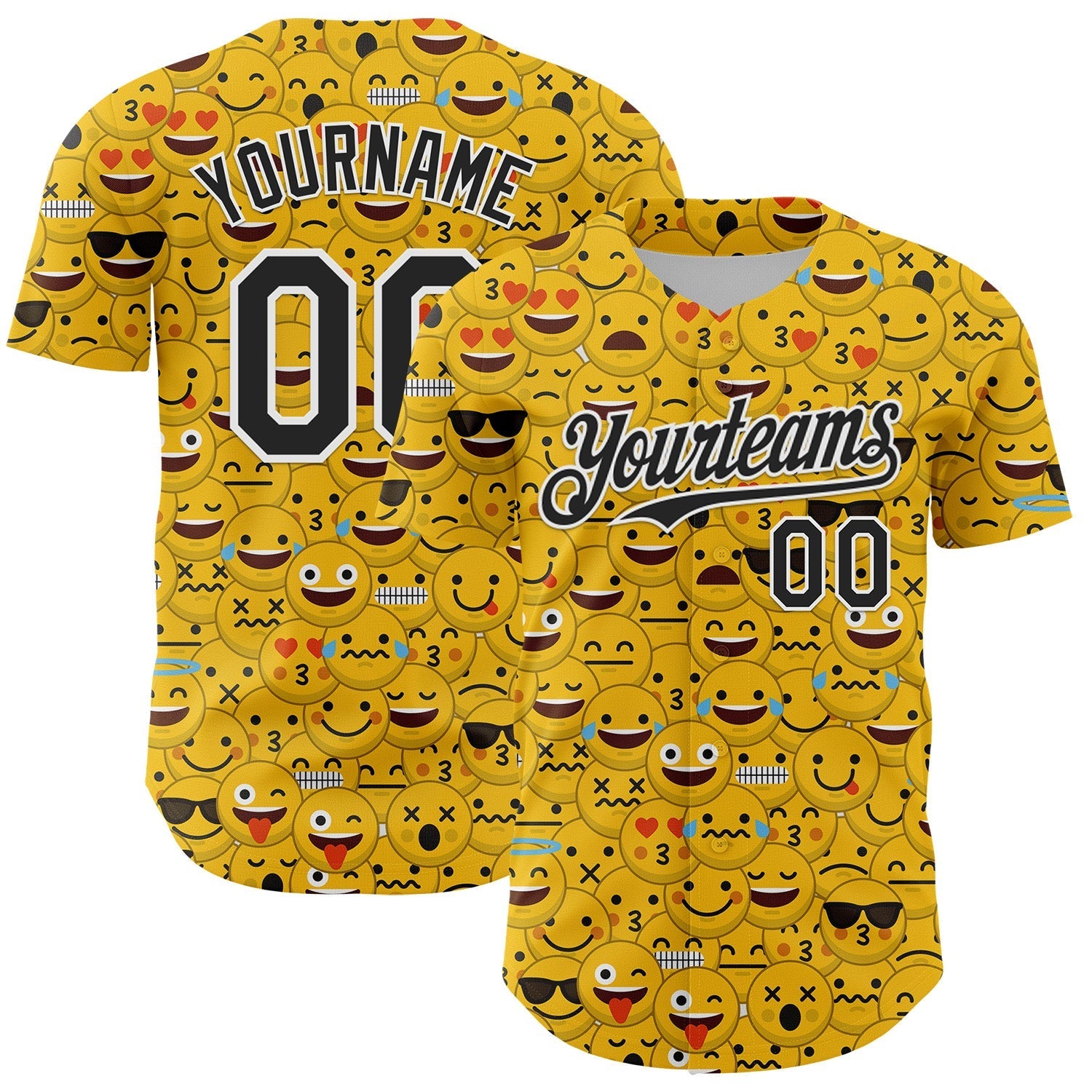 Custom Gold Black-White 3D Pattern Design Funny Cartoon Emoji Face Authentic Baseball Jersey baseball jersey product view 1